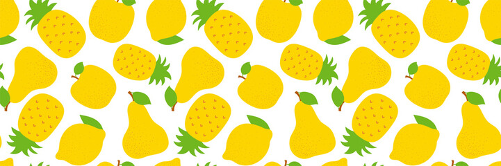 Exotic fruit seamless pattern. Sweet pineapple, pear and apple. Yellow lemon. Fashion design. Food print for dress, textile, curtain or linens. Hand drawn vector sketch background. Vegan menu