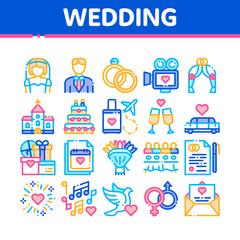 Collection Wedding Vector Thin Line Icons Set. Characters Bride And Groom, Rings And Limousine Wedding Elements Linear Pictograms. Church And Arch, Fireworks And Dancing Color Contour Illustrations
