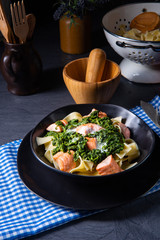 pappardelle pasta with creamed spinach and fried salmon