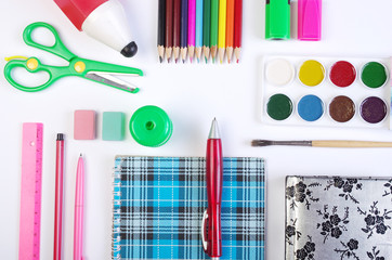 Hello school! Set of school stationery on the table.