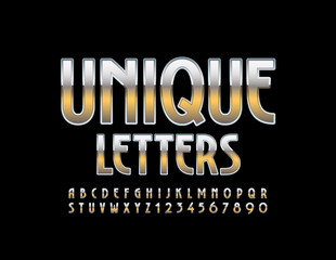 Vector Unique Letters and Numbers. Metallic Uppercase Alphabet. Elegant Gold and Silver Font