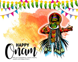 illustration of colorful Kathakali dancer and snakeboat race in Onam celebration on background for Happy Onam festival of South India Kerala