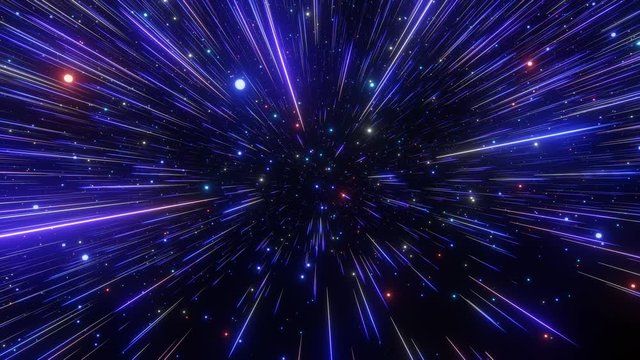 Abstract hyperspace background. Speed of light, neon glowing rays and stars in motion. Dark Blue version. Moving through stars. 4k Seamless loop