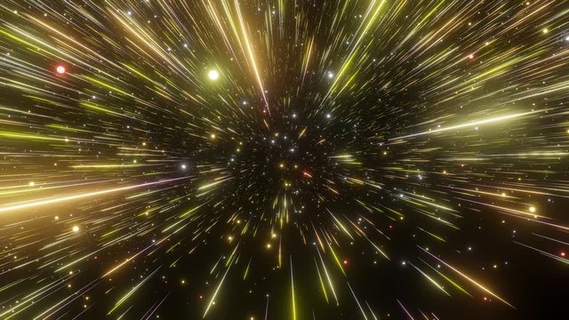 Abstract hyperspace background. Speed of light, neon glowing rays and stars in motion. Yellow version. Moving through stars. 4k Seamless loop