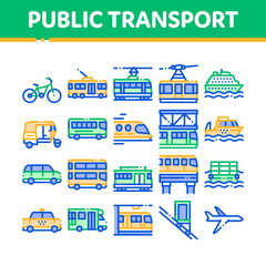 Fototapeta premium Collection Public Transport Vector Line Icons Set. Trolleybus And Bus, Tramway And Train, Cable Way And Monorail Transport Linear Pictograms. Car And Taxi, Plane And Ship Color Contour Illustrations