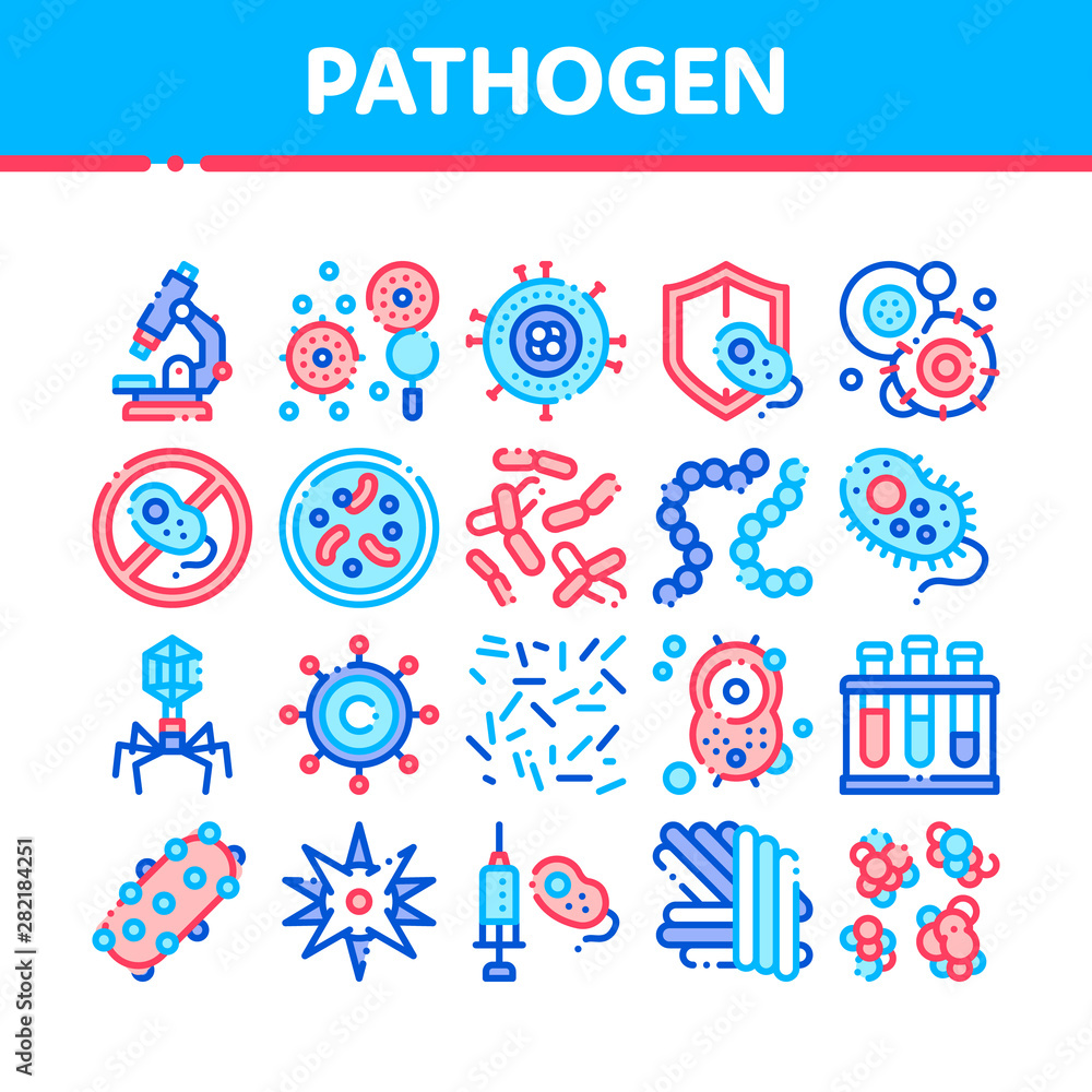Poster collection pathogen elements vector sign icons set. pathogen bacteria microorganism, microbes and ge