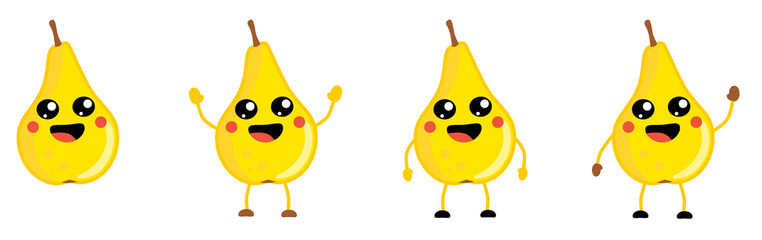 Cute kawaii style Pear fruit icon, large eyes, smiling with open mouth. Version with hands raised, down and waving.