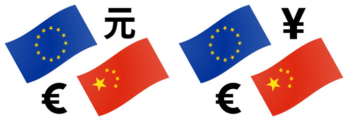 EURCNY forex currency pair vector illustration. EU and Chinese flag, with Euro and renminbi / yuan symbol.