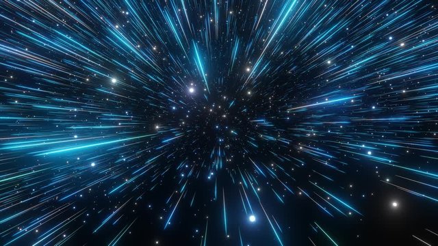 Abstract hyperspace background. Speed of light, neon glowing rays and stars in motion. Blue version. Moving through stars. 4k Seamless loop