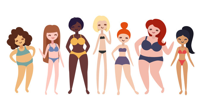 Women with different bodies, weight, height. Various body shapes vector illustration. Happy and beautiful body positive girls.