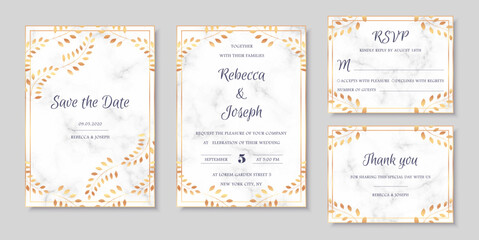 Wedding invitation collection with save the date and rsvp card vector templates. Elegant invitations set with autumn floral motives and gray marble texture.