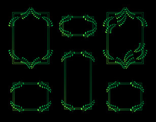 Set of elegant floral frames isolated on black background. Collection of vintage green frames with foliage decoration. Vector illustration.