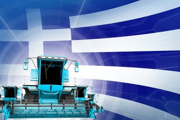 Farm machinery modernisation concept, blue modern wheat combine harvesters on Greece flag - digital industrial 3D illustration