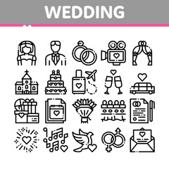 Collection Wedding Vector Thin Line Icons Set. Characters Bride And Groom, Rings And Limousine Wedding Elements Linear Pictograms. Church And Arch, Fireworks And Dancing Black Contour Illustrations
