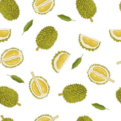 Seamless pattern of durian and leaves on white background.