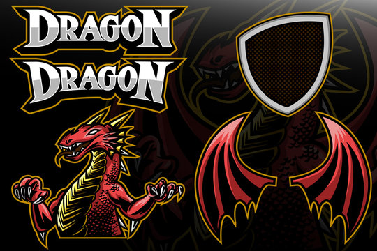 A set of e-sport dragon design mascot logos, complete with wing elements, typography and shields.