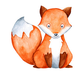 Cute cartoon watercolor forest animal. Hand painted lovely baby fox illustration perfect for print and card making. Woodland wild orange fox