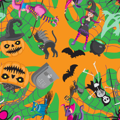 Seamless Halloween holiday pattern. Abstraction witch cauldron cat broom spider web pumpkin candy skeleton braid. Postcard texture printing cloth. Vector image.