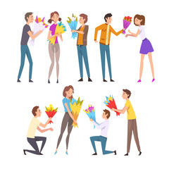Obraz premium Young Men Giving Bouquet of Flowers to Happy Girls Set, Guys Making Marriage Proposal, Congratulations on Holiday, Birthday or Romantic Date Vector Illustration