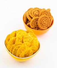 Indian Street Snack Food Masala Khari Papdi with Chakli on White Background