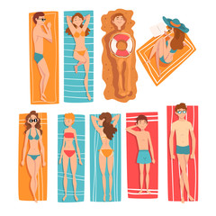 People Sunbathing and Relaxing on Beach Set, Top View of Lying Men, Women and Kids, People Enjoying Summer Vacation Vector Illustration