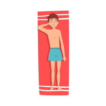 Boy Sunbathing and Relaxing on Beach Towel, Child Enjoying Summer Vacation Vector Illustration