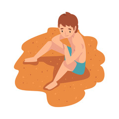 Boy Sitting and Sunbathing on Sandy Beach Vector Illustration