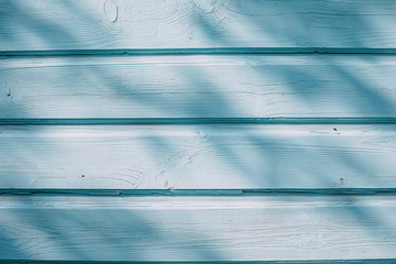 Blue wooden wall background with shadows from tree branches. Wall mockup