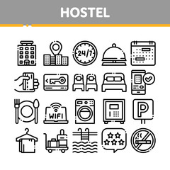 Collection Hostel Elements Vector Sign Icons Set. Building Hostel And Location, Calendar And Parking Symbol, Bed And Laundry Machine Linear Pictograms. Wifi Internet Black Contour Illustrations