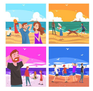 People Relaxing on Seaside at Summer Time Set, Tropical Resort Landscape with Ocean or Sea, Tourists Walking and Enjoying Vacation on Beach Vector Illustration