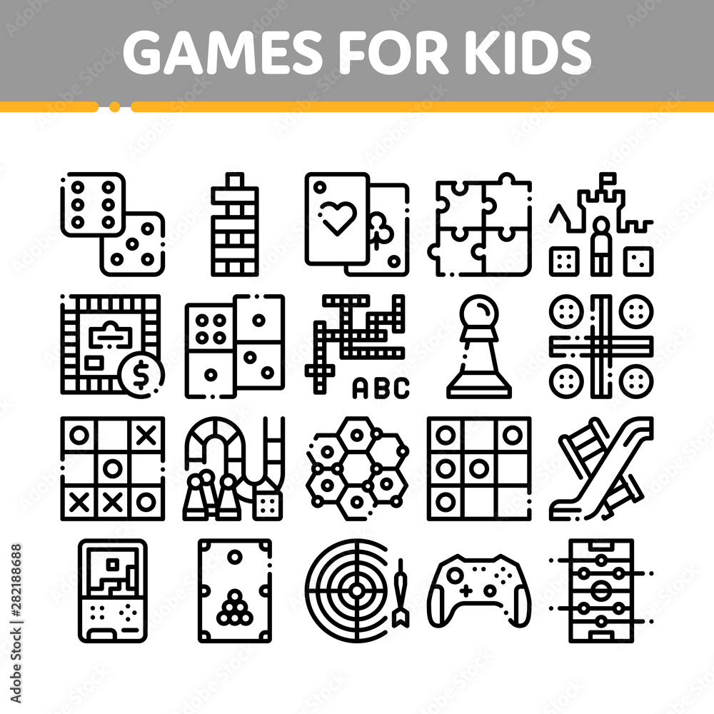 Poster interactive kids games vector thin line icons set. domino, chess and video games controller linear p