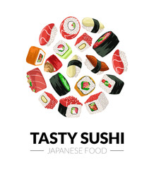Tasty Sushi Banner Template, Japanese Food Business Card with Asian Seafood Seamless Pattern of Round Shape Vector Illustration