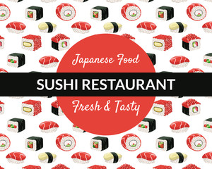 Sushi Restaurant Banner Template, Fresh and Tasty Japanese Food Business Card with Asian Seafood Seamless Pattern Vector Illustration