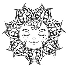 Ornamental sun coloring page.