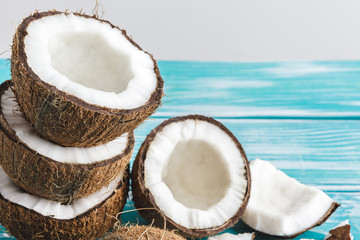 Damaged coconut pieces with shell  close up