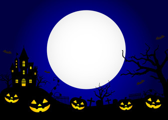 Halloween silhouette background vector illustration. Poster (flyer) template design (text space) / blue