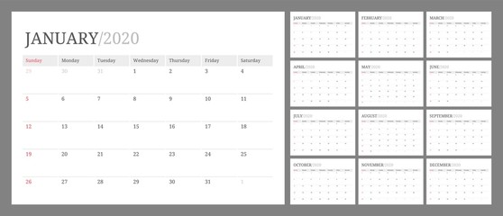 Wall calendar for 2020 year in clean minimal style. Week Starts on Sunday. Set of 12 Months.
