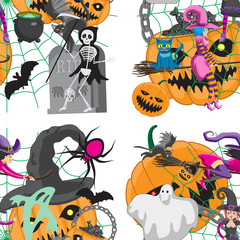 Seamless pattern with cute Halloween creatures and items on white background - Jack-o'-lantern, Flat vector illustration for holiday celebration.
