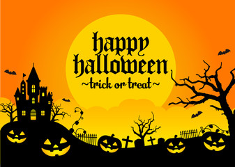 Halloween silhouette background vector illustration. Poster (flyer) template design / orange