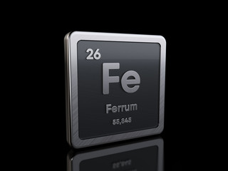 Iron Fe, element symbol from periodic table series. 3D rendering isolated on black background