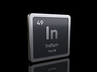Indium In, element symbol from periodic table series. 3D rendering isolated on black background