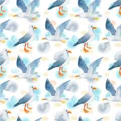 Seagull watercolor hand painted seamless pattern.