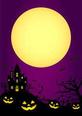 Halloween silhouette background vector illustration. Poster (flyer) template design (text space) / purple