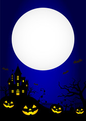 Halloween silhouette background vector illustration. Poster (flyer) template design (text space) / blue