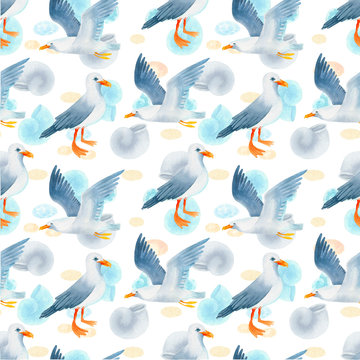 Seagull watercolor hand painted seamless pattern.