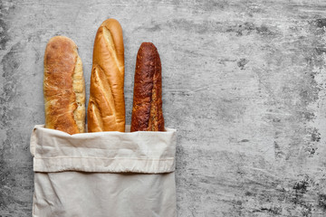 three types of French baguette bread