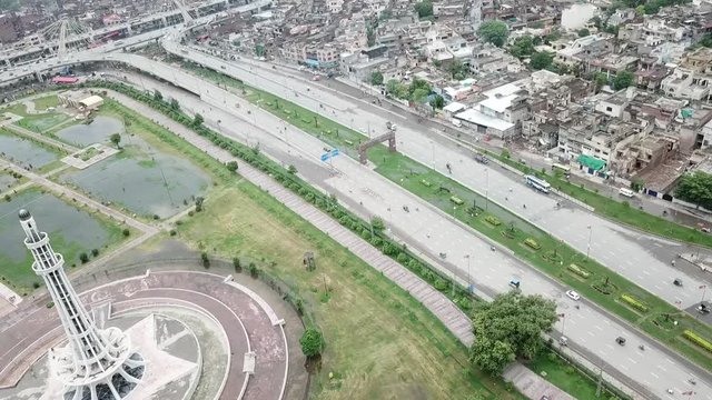 Aerial Footage from Drone Panning Around Minare Pakistan in Lahore Pakistan