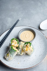 Top view Asian spring roll with tofu. Pan-asian food. Street food concept with copy space. Grey background. Flat lay food for lunch or snack. Vegan, healthy, balanced meal. No animal meat concept