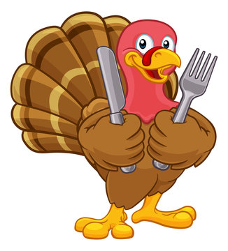 Turkey Thanksgiving or Christmas bird animal cartoon character holding a knife and fork