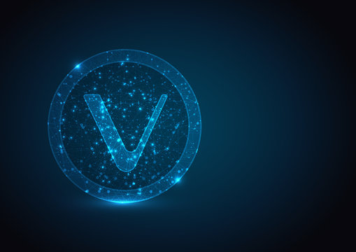 VECHAIN cryptocurrency blockchain. Polygonal business, money, currency, cash, circle concept. Abstract, digital, wireframe low poly mesh on blue background. 